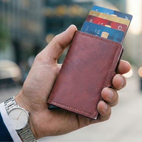 VETHO pop-up RFID blocking wallet in Merlot Red fiber leather held in hand.