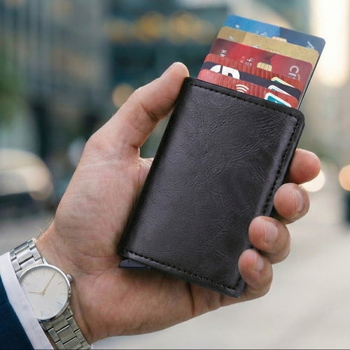 VETHO pop-up RFID blocking wallet in Midnight Black leather held in hand.