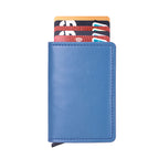 VETHO pop-up RFID wallet in Ocean Blue leather on a white background.