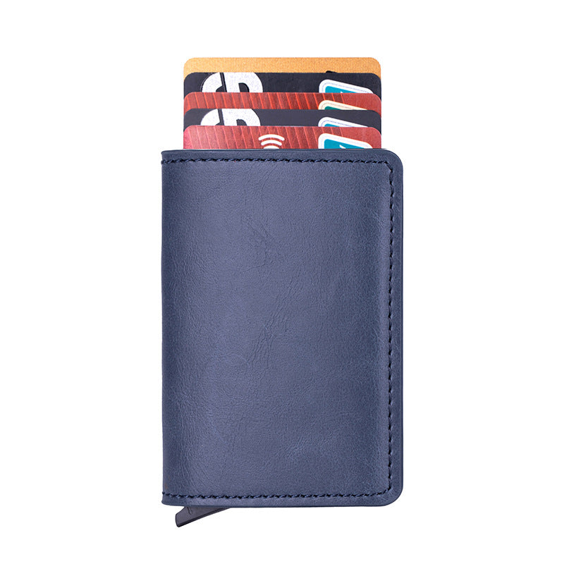 VETHO pop-up RFID wallet in Pacific Blue leather on a white background.