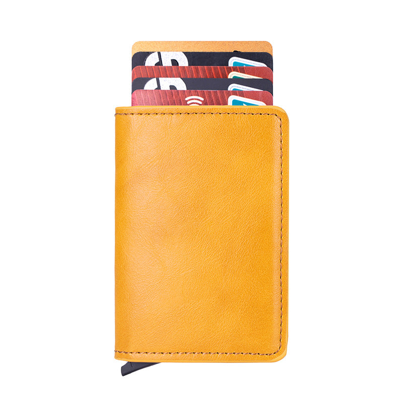 VETHO pop-up RFID wallet in Saffron Yellow leather on a white background.