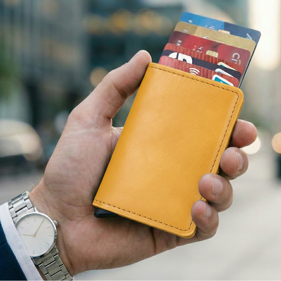 VETHO pop-up RFID blocking wallet in Saffron Yellow fiber leather held in hand.