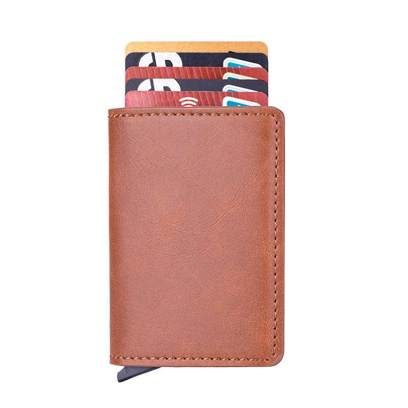 VETHO pop-up RFID wallet in Saharan Tan leather on a white background.