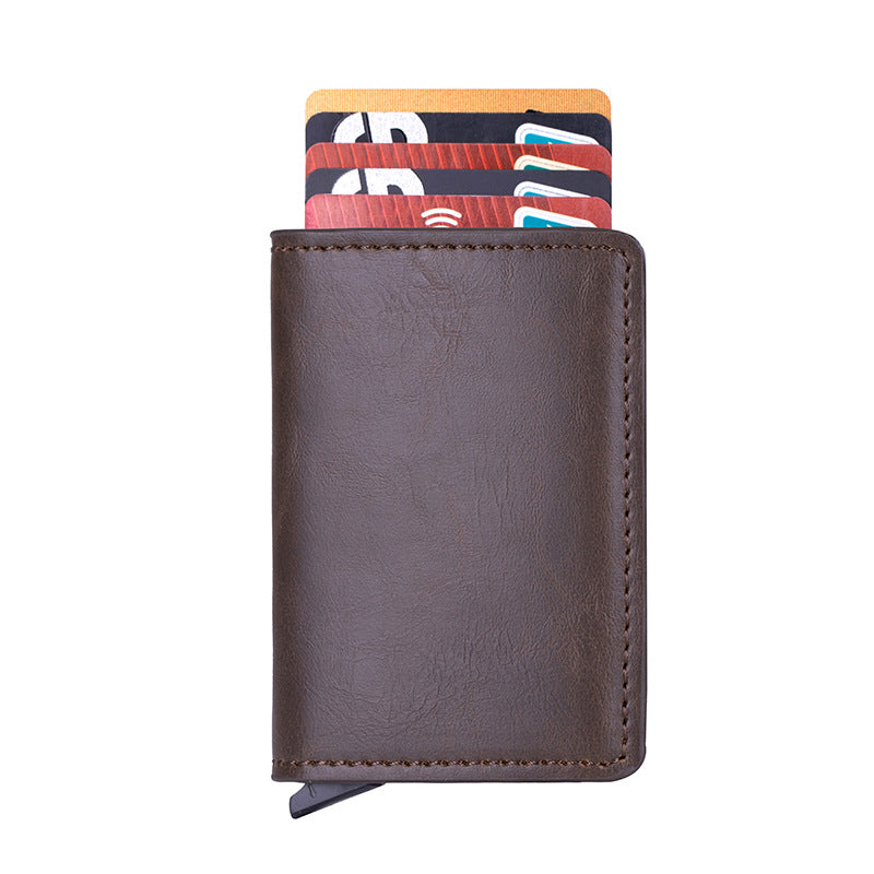 VETHO pop-up RFID wallet in Walnut Brown leather on a white background.
