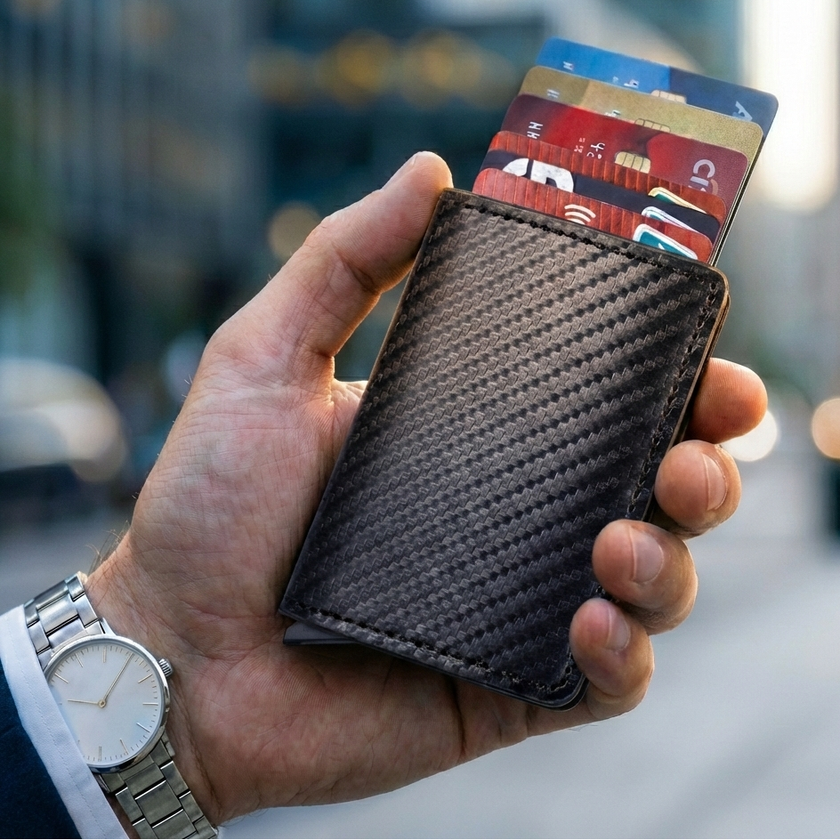 VETHO pop-up RFID blocking wallet in Carbon Black fiber leather held in hand.