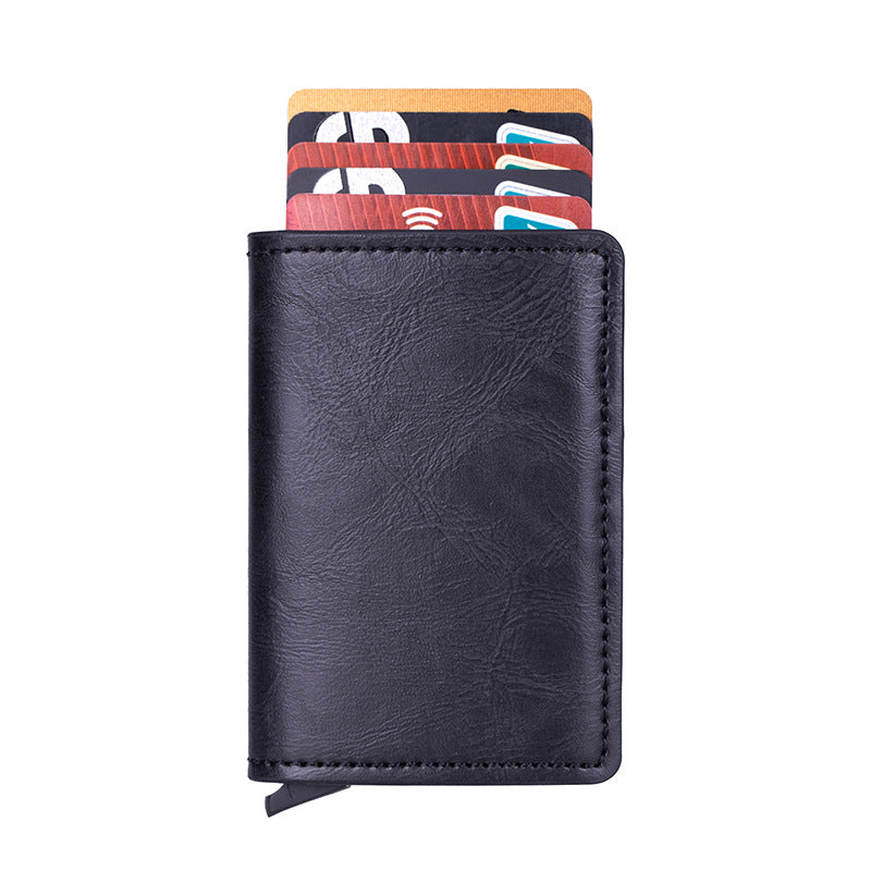VETHO pop-up RFID wallet in Midnight Black leather on a white background.